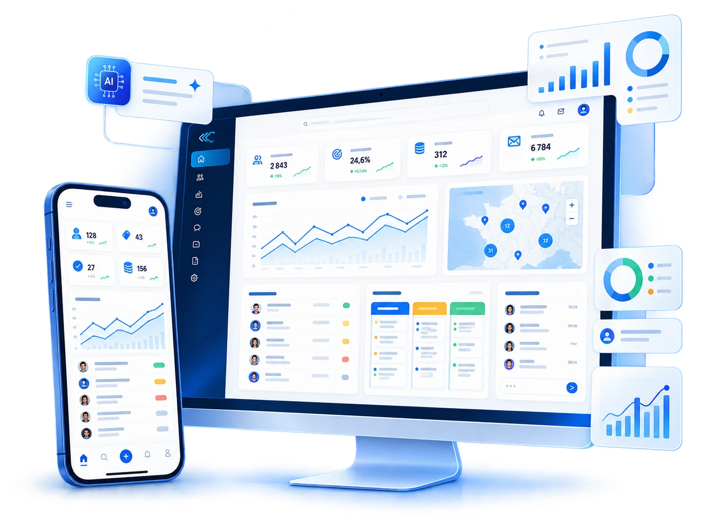Illustration d'interfaces web, tableau de bord et mobile en bleu